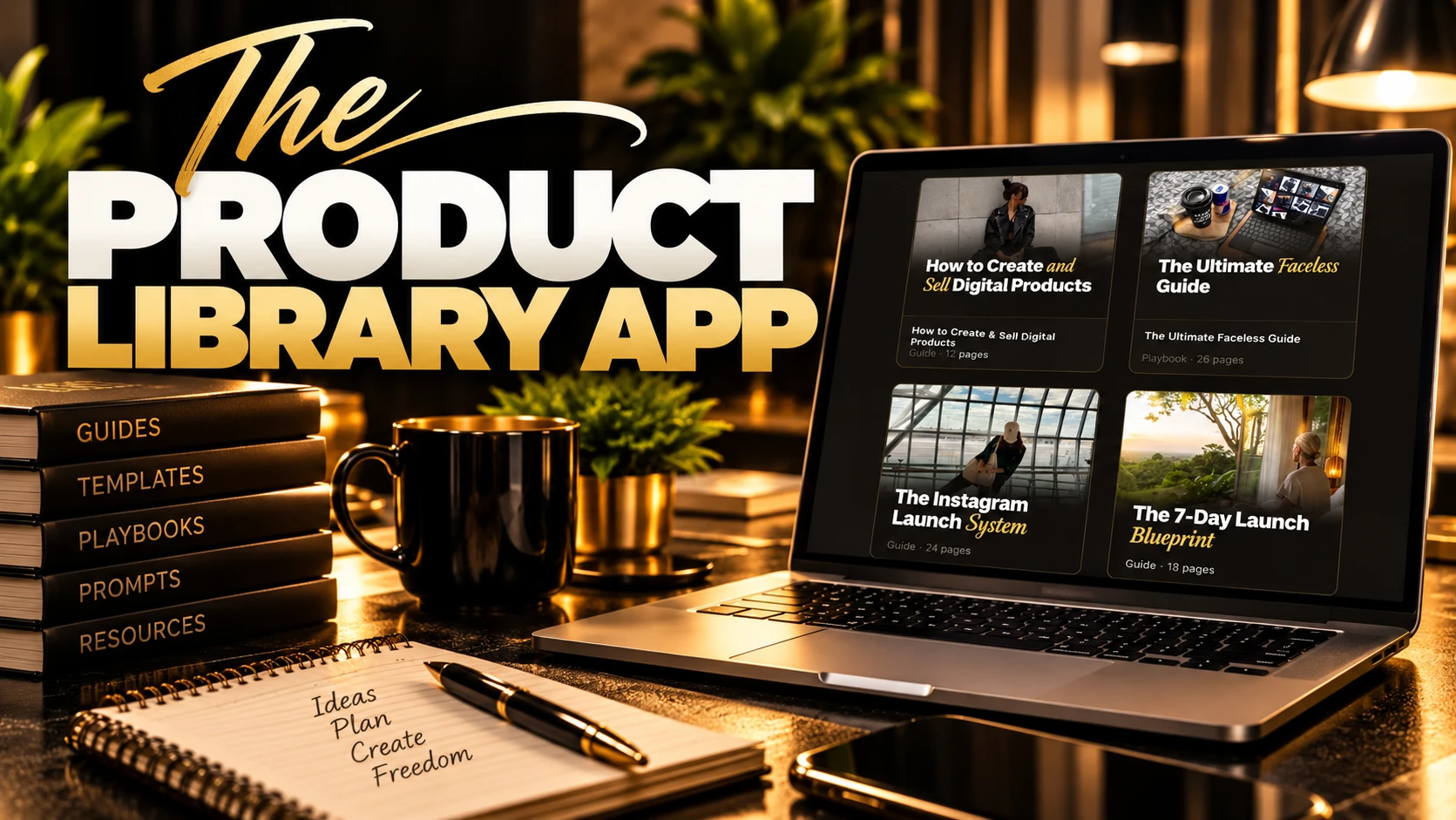 The Product Library app showing branded books on a laptop